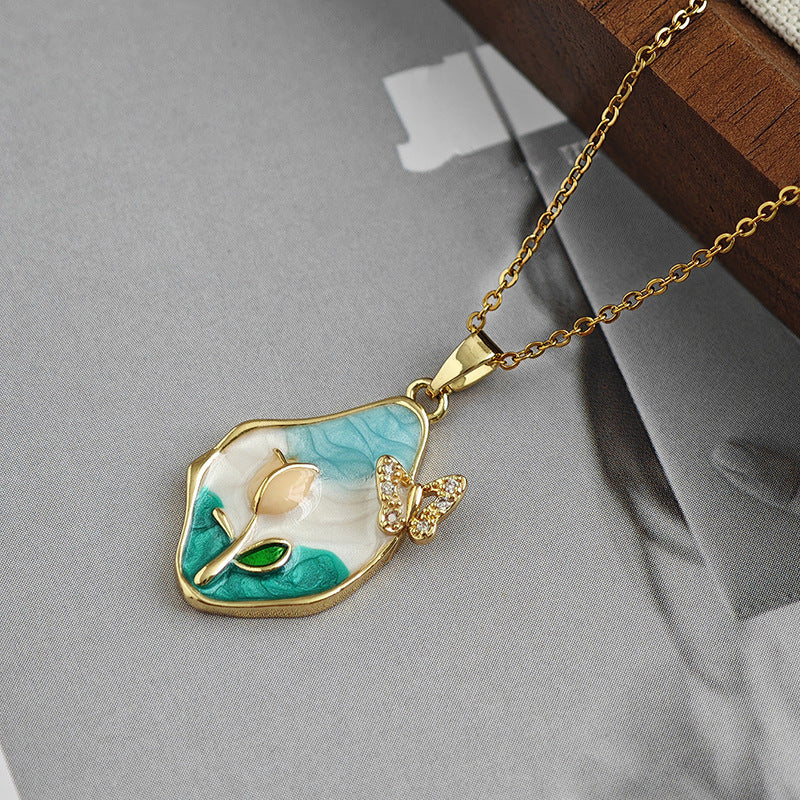 Wholesale Retro Oil Painting Style Flower Butterfly Necklace Accessories for Women, Accessible Luxury Elegant, High-End Clavicle Chain, Exquisite and Versatile Jewelry